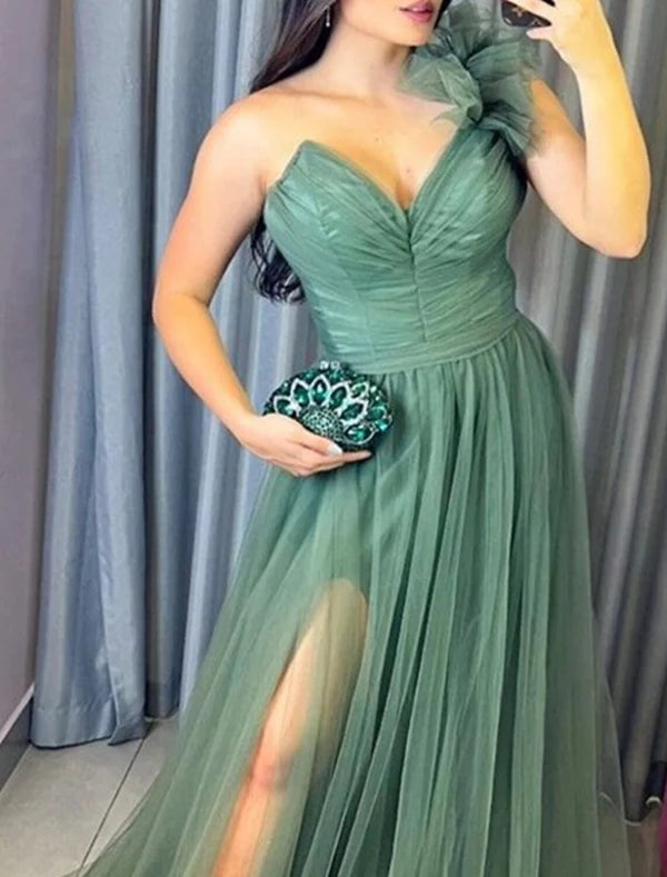 Luolandi A-Line Evening Gown Plus Size Dress Formal Wedding Guest Court Train Sleeveless Strapless Tulle with Slit Sexy